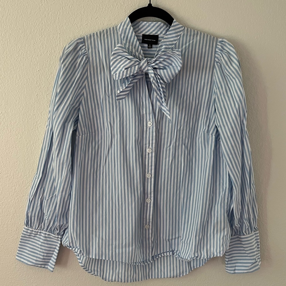Who What Wear Blue Striped Button-Down Shirt with Bow